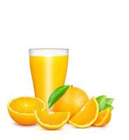 A glass of orange juice. Oranges and oranges cut into pieces. with green leaves isolated on white background photo