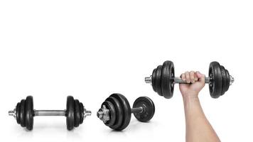 Metal dumbbells. Isolated on white background. Gym, fitness and sports equipment symbol. Area for entering text photo