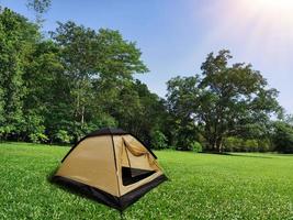 carpa de viaje acampando en la hierba abierta en el bosque. foto