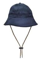 A blue bucket hat with a rope hanging isolated on white. photo