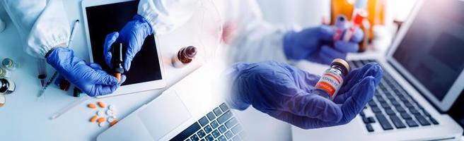 Double exposure of technology healthcare And Medicine concept. Doctors using digital tablet and modern virtual screen interface icons panoramic banner, blurred background. photo