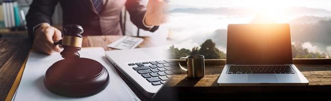 Business and lawyers discussing contract papers with brass scale on desk in office. Law, legal services, advice, justice and law concept picture with film grain effect photo