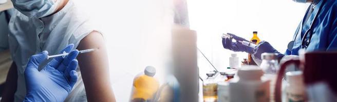 Double exposure of technology healthcare And Medicine concept. Doctors using digital tablet and modern virtual screen interface icons panoramic banner, blurred background. photo