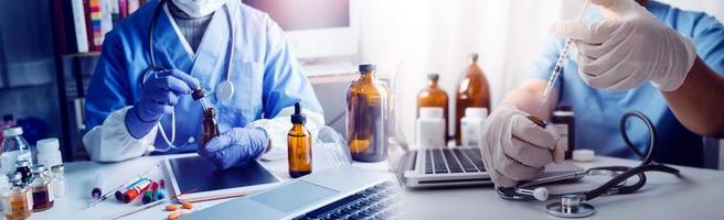 Double exposure of technology healthcare And Medicine concept. Doctors using digital tablet and modern virtual screen interface icons panoramic banner, blurred background. photo