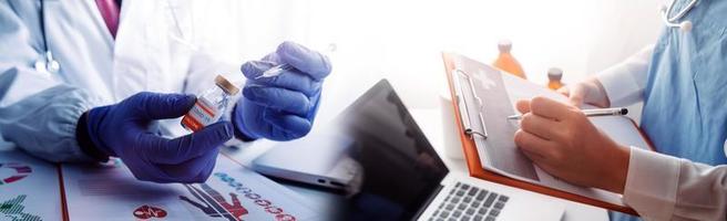 Double exposure of technology healthcare And Medicine concept. Doctors using digital tablet and modern virtual screen interface icons panoramic banner, blurred background. photo