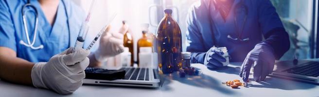 Double exposure of technology healthcare And Medicine concept. Doctors using digital tablet and modern virtual screen interface icons panoramic banner, blurred background. photo