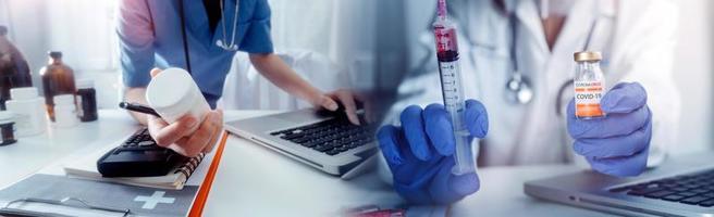 Double exposure of technology healthcare And Medicine concept. Doctors using digital tablet and modern virtual screen interface icons panoramic banner, blurred background. photo