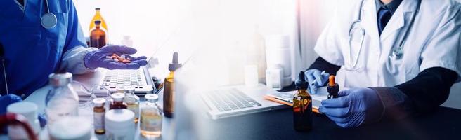 Double exposure of technology healthcare And Medicine concept. Doctors using digital tablet and modern virtual screen interface icons panoramic banner, blurred background. photo
