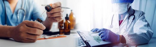 Double exposure of technology healthcare And Medicine concept. Doctors using digital tablet and modern virtual screen interface icons panoramic banner, blurred background. photo