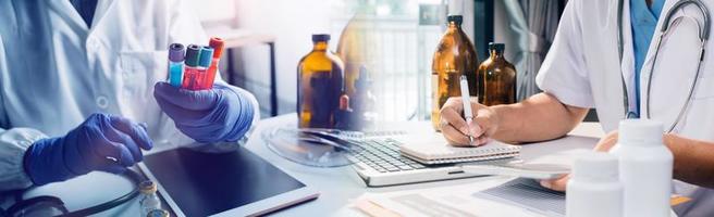 Double exposure of technology healthcare And Medicine concept. Doctors using digital tablet and modern virtual screen interface icons panoramic banner, blurred background. photo