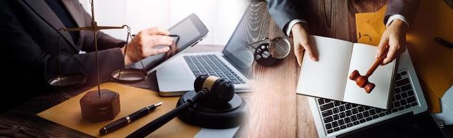 Business and lawyers discussing contract papers with brass scale on desk in office. Law, legal services, advice, justice and law concept picture with film grain effect photo