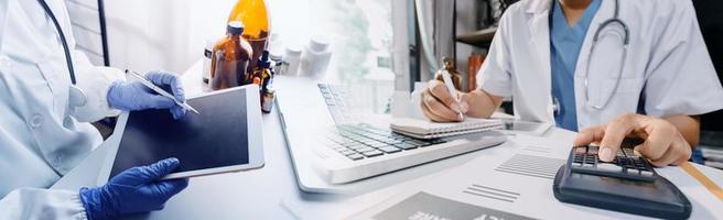 Double exposure of technology healthcare And Medicine concept. Doctors using digital tablet and modern virtual screen interface icons panoramic banner, blurred background. photo