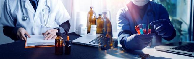 Double exposure of technology healthcare And Medicine concept. Doctors using digital tablet and modern virtual screen interface icons panoramic banner, blurred background. photo