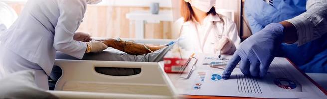 Double exposure of technology healthcare And Medicine concept. Doctors using digital tablet and modern virtual screen interface icons panoramic banner, blurred background. photo