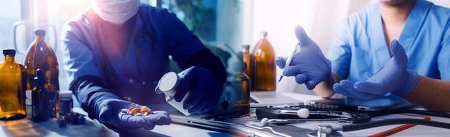 Double exposure of technology healthcare And Medicine concept. Doctors using digital tablet and modern virtual screen interface icons panoramic banner, blurred background. photo