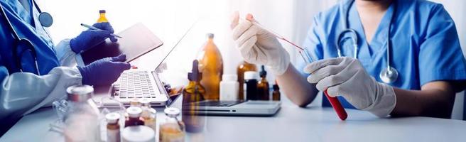 Double exposure of technology healthcare And Medicine concept. Doctors using digital tablet and modern virtual screen interface icons panoramic banner, blurred background. photo