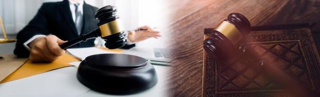 Business and lawyers discussing contract papers with brass scale on desk in office. Law, legal services, advice, justice and law concept picture with film grain effect photo