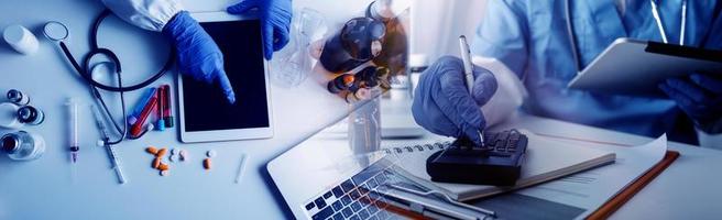 Double exposure of technology healthcare And Medicine concept. Doctors using digital tablet and modern virtual screen interface icons panoramic banner, blurred background. photo