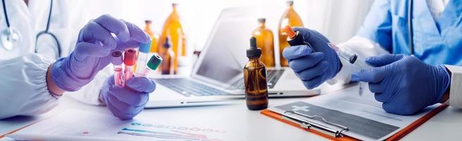 Double exposure of technology healthcare And Medicine concept. Doctors using digital tablet and modern virtual screen interface icons panoramic banner, blurred background. photo