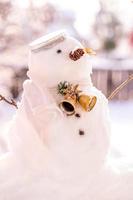 Merry Christmas and happy New Year greeting card with copy-space.Many snowmen standing in winter Christmas landscape.Winter background.Snowman with Dry Flower and pine . Happy holiday and celebration. photo