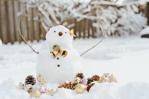 feliz navidad y feliz año nuevo tarjeta de felicitación con espacio de copia. muchos muñecos de nieve de pie en el paisaje navideño de invierno. fondo de invierno. muñeco de nieve con flor seca y pino. felices fiestas y celebraciones. foto