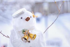 feliz navidad y feliz año nuevo tarjeta de felicitación con espacio de copia. muchos muñecos de nieve de pie en el paisaje navideño de invierno. fondo de invierno. muñeco de nieve con flor seca y pino. felices fiestas y celebraciones. foto