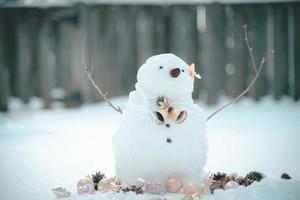 feliz navidad y feliz año nuevo tarjeta de felicitación con espacio de copia. muchos muñecos de nieve de pie en el paisaje navideño de invierno. fondo de invierno. muñeco de nieve con flor seca y pino. felices fiestas y celebraciones. foto