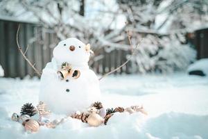 Merry Christmas and happy New Year greeting card with copy-space.Many snowmen standing in winter Christmas landscape.Winter background.Snowman with Dry Flower and pine . Happy holiday and celebration. photo