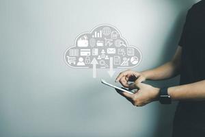 Concept global data connection with internet technology, user using smartphone for online transactions by internet technology, big data, database management, cloud computing, cashless society. photo