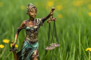 estatua de themis sobre un fondo de hierba verde. símbolo de justicia y ley, crimen y castigo. foto