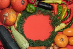 Vegetables are laid out around empty place. Empty space for text. Vegetables on a red background. photo
