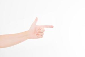 male hand pointing. Isolated on white background. caucasian hand. Mock up. Copy space. Template. Blank. photo