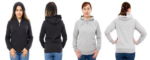 female hood set isolated over white background, grey hood isolated black hoodie mock up photo