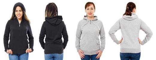 girl in stylish black hoodie isolated on white background girl in grey hood front and back view isolated photo