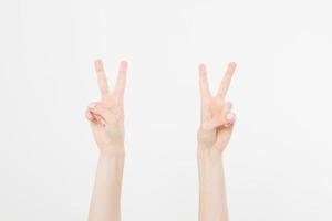 Two Hand showing the sign of victory or peace closeup isolated on white background.Front view. Mock up. Copy space. Template. Blank. photo