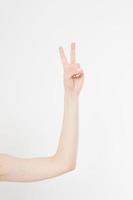 Hand showing the sign of victory or peace closeup isolated on white background.Front view. Mock up. Copy space. Template. Blank. photo