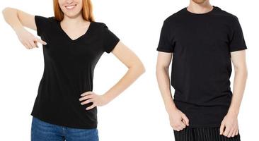 Black t-shirt close up mock up background - front view of man and woman in empty black polo shirt photo