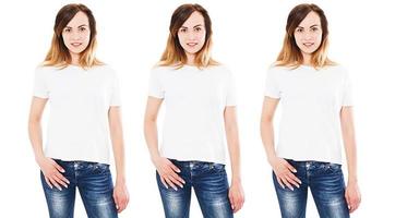 three woman in white t-shirt mock up isolated on white background, girl in blank empty t shirt various photo