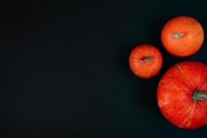 Ripe red pumpkins on black background. Autumn concept. photo