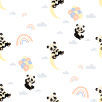 Seamless pattern with playful pandas, balloons and rainbow png