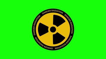Animated radiation spinning around. Nuclear sign symbol rotate around isolated on green background. Yellow radioactive sign rotates on a green background. Motion graphics video