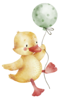 yellow duckling with balloon, cartoon watercolor illustration. png