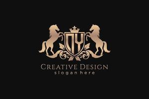 initial NY Retro golden crest with shield and two horses, badge template with scrolls and royal crown - perfect for luxurious branding projects vector