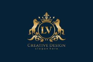 cresta dorada retro inicial lv con círculo y dos caballos, plantilla de insignia con pergaminos y corona real - perfecto para proyectos de marca de lujo vector