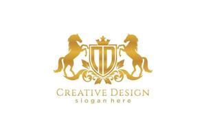 initial ND Retro golden crest with shield and two horses, badge template with scrolls and royal crown - perfect for luxurious branding projects vector