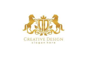 initial ND Retro golden crest with shield and two horses, badge template with scrolls and royal crown - perfect for luxurious branding projects vector