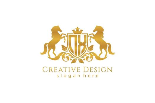 initial NX Retro golden crest with shield and two horses, badge template with scrolls and royal crown - perfect for luxurious branding projects vector