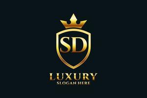 initial SD elegant luxury monogram logo or badge template with scrolls and royal crown - perfect for luxurious branding projects vector