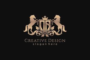 initial NR Retro golden crest with shield and two horses, badge template with scrolls and royal crown - perfect for luxurious branding projects vector