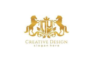 initial NV Retro golden crest with shield and two horses, badge template with scrolls and royal crown - perfect for luxurious branding projects vector